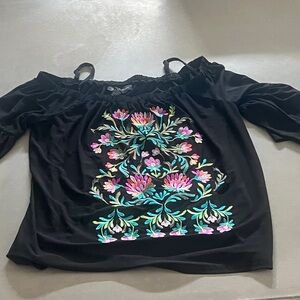 INC International Concepts Black Top with Colorful Floral Embroidery